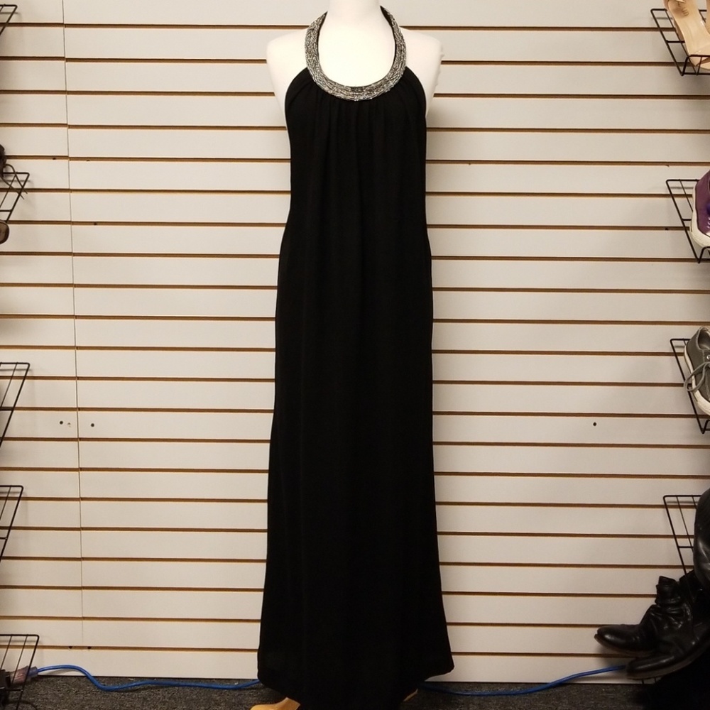 Ba & Sh Black Beaded Neckline Open Back Gown Dress